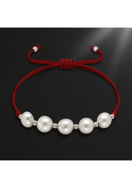 Makrome Örgülü Naturel Kesim Kırmızı Ipli Beyaz Dorika Top Süslemeli Doğal Inci Kadın Bileklik indirimleri
