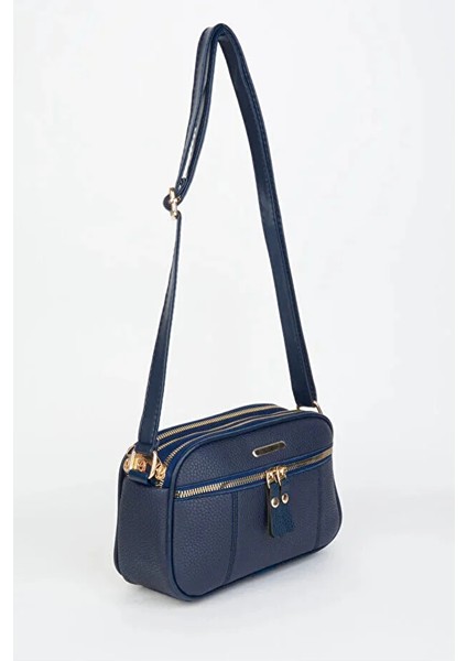 Kadın Sincap Lacivert 4 Bölmeli Suni Deri Orta Boy Fermuar Kapama El Kol ve Omuz Çantası