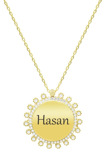 Zirkon Taşlı Güneş Tasarım Altın Renk Isme Özel Yazılı 925 Ayar Gümüş Kadın Kolye