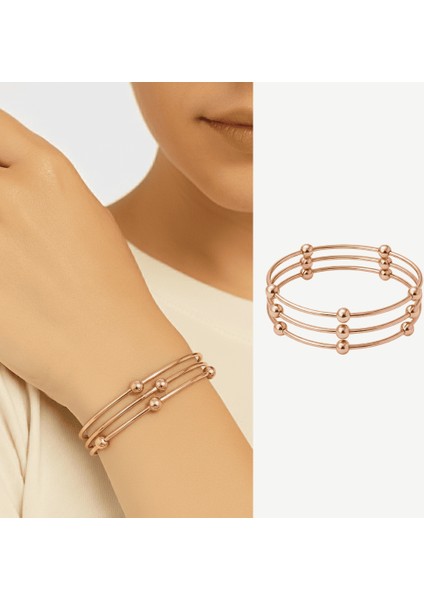 Kadın Çelik Bileklik - Beş Top Süslemeli Tasarım - 3 Lü Model - Rose Renk fiyatları