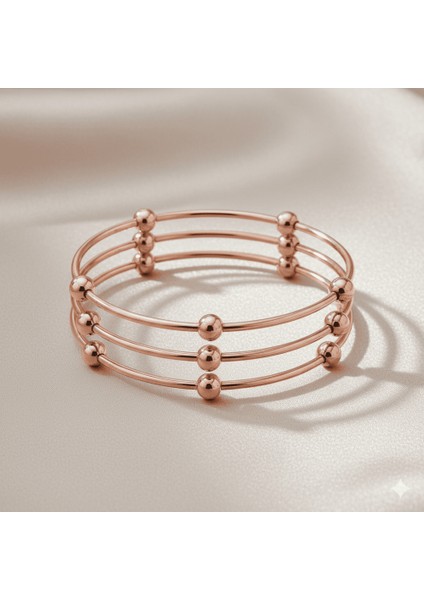 Kadın Çelik Bileklik - Beş Top Süslemeli Tasarım - 3 Lü Model - Rose Renk fırsatları