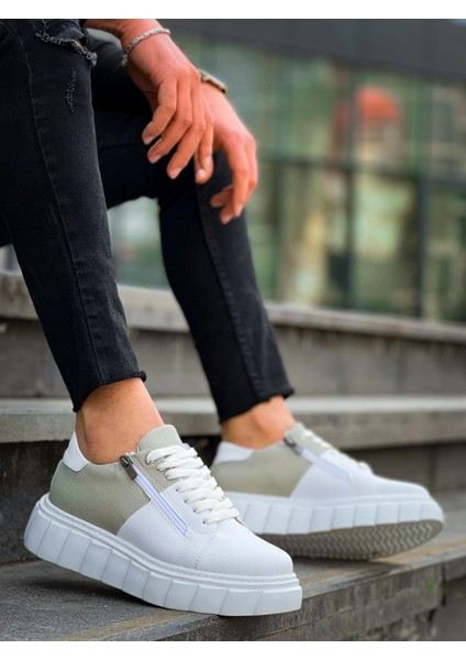 Nrtmsa KB-X155 Kuback Beyaz Cilt Gri Süet Detaylı Beyaz Yüksek Taban Günlük Spor Ayakkabı (Numara: 40)