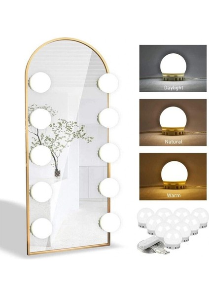 Ieg® Nostalji Hollywood Tarzı 10&apos;lu Makyaj Masası Aynası Beyaz LED Işıklı Lamba USB (4887)