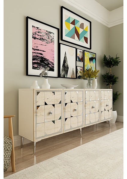 KA1803BTS- Moka Konsol , Tv Sehpası , Çok Amaçlı Dolap 180CM Beyaz-Traverten-Gümüş