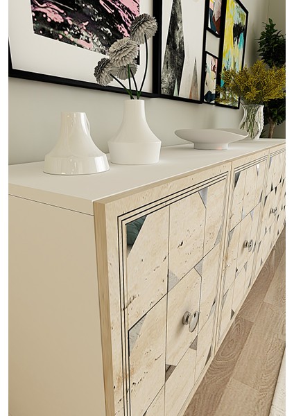 KA1803BTS- Moka Konsol , Tv Sehpası , Çok Amaçlı Dolap 180CM Beyaz-Traverten-Gümüş fiyatları