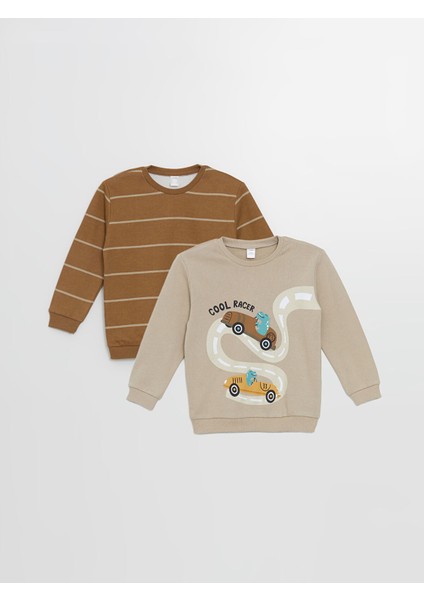 Yeni Sezon Bisiklet Yaka Uzun Kollu Baskılı Erkek Bebek Sweatshirt 2'li