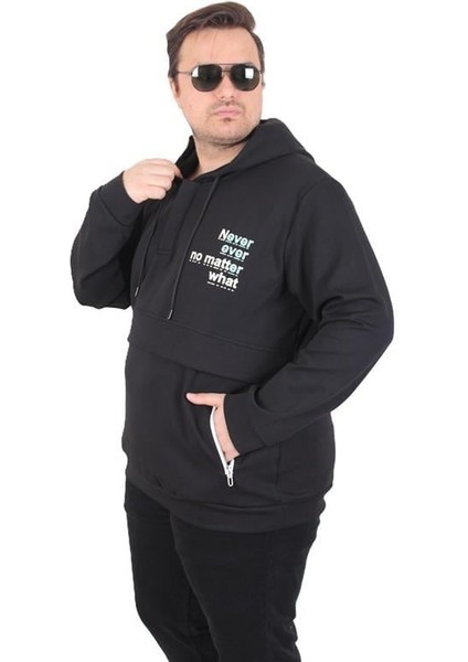 Büyük Beden Kapüşonlu Sweat Double Face Never 25706 Sıyah