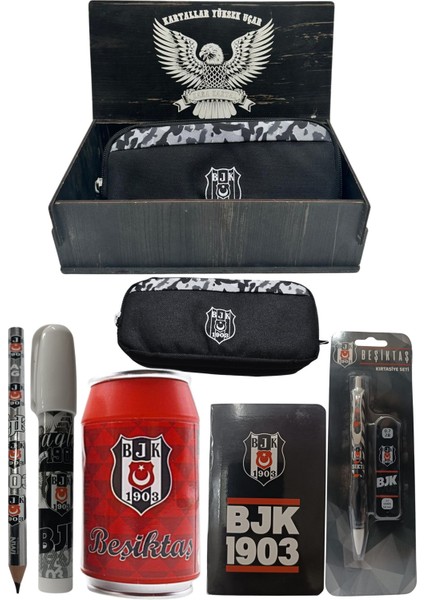 Beşiktaş Orjinal Lisanslı Kırmızı Kutu Kalemtraş Ahşap Kutulu 6'lı Kırtasiye Seti