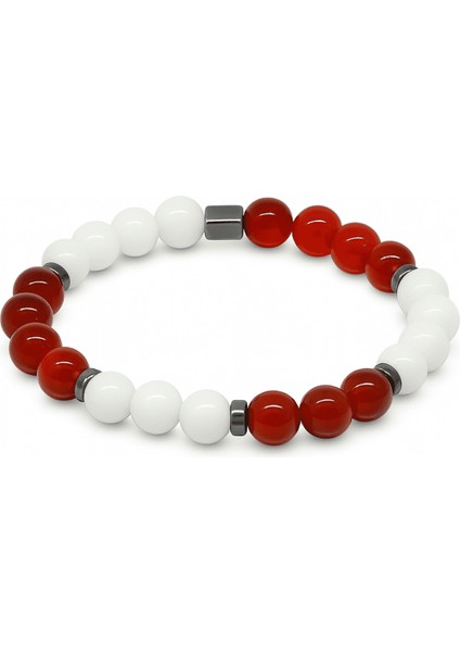 Küre Kesim Kırmızı Beyaz Jade Akik Hematit Doğaltaş Kadın Taraftar Bileklik
