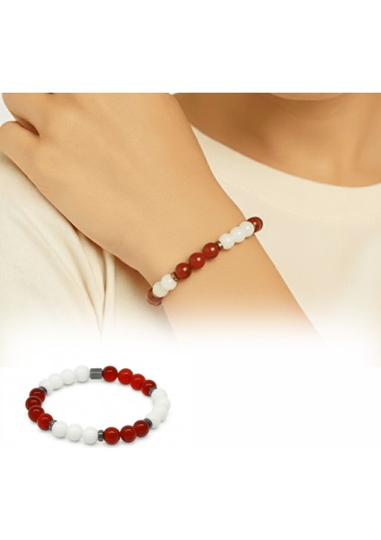 Küre Kesim Kırmızı Beyaz Jade Akik Hematit Doğaltaş Kadın Taraftar Bileklik fiyatları