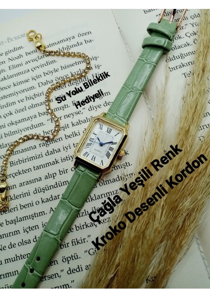 Retro Vintage Kadın Kol Saati- Gold Kasa- Oval Model- Çağla Yeşili Kroko Desenli Kordon TT0054