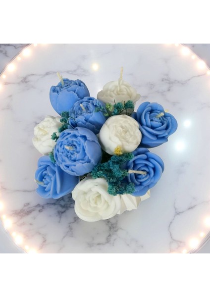 Büyük Boy Mavi–beyaz Gül Buket Mum | Kokulu Soya Wax | Kaliteli Taş Tozu Vazo modelleri