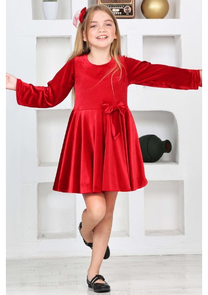 Kız Çocuk Kadife Elbise-Içi Tüllü ve Fiyonk Süslemeli 7-12 Yaş 12427