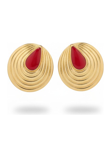 Çelik Kırmızı Yuvarlak Küpe Altın Rengi Şık Kararmaz Takı