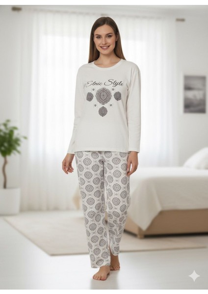Interlok Kumaş Uzun Kollu Kadın Pijama Takımı Desenli Baskılı
