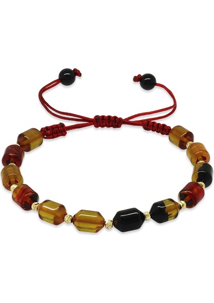 Makrome Örgülü Sarı Dorika Top Süslemeli Bala Siyah Ateş Kehribar Kadın Bileklik