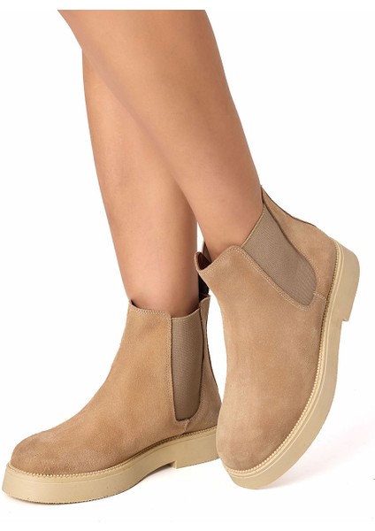 Vizon Hakiki Deri Süet Lastikli Chealsea Kadın Bot