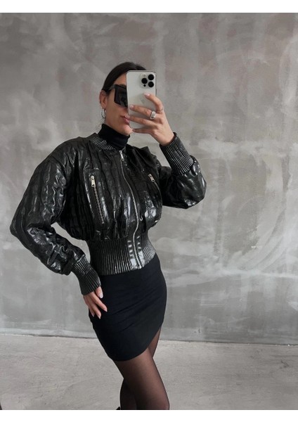 Lvsqvr Beli Büzgülü Crop Deri Ceket Siyah (Beden: S) fırsatları