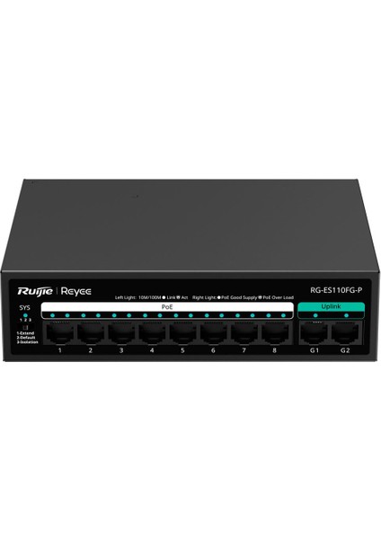 Ruıjıe Reyee RG-ES110FG-P 8 Port 10/100 8 Port Poe 2 Port Gıgabıt Uplınk 110W Yonetılemez Desktop Swıtch