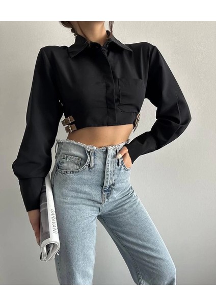 Yanı Kemer Detaylı Crop Gömlek Siyah S4009