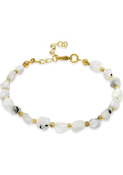 Altın Renk Metal Zincirli Dorika Top Süslemeli Amorf Ay Taşı Doğaltaş Kadın Bileklik