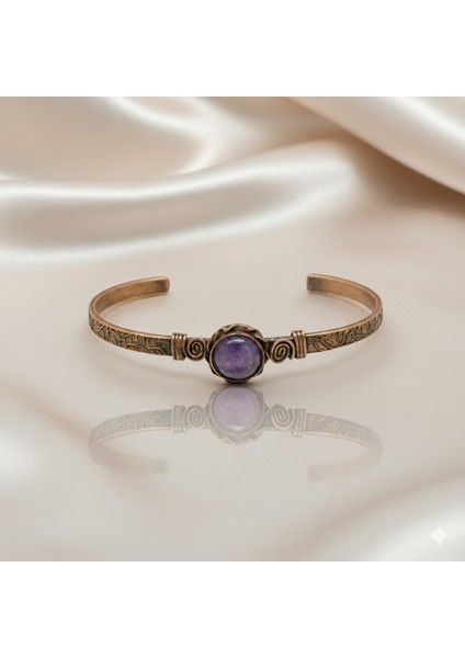 Kadın Bakır Bileklik - Ametist Doğaltaşlı - Otantik Tasarım - Ayarlanabilir Yapı fırsatları