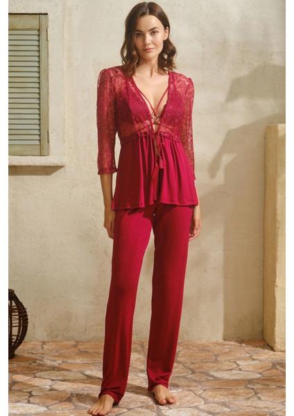 Mdb Mdbshop Viskon Dantelli Sabahlık Yaka Detaylı Sırt Dekolteli Bustiyer Sütyen ve Pantolon Pijama 3lü Takım