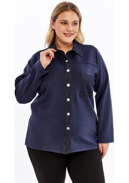 Kot Garnili Lacivert Büyük Beden Kadın Gömlek Ceket