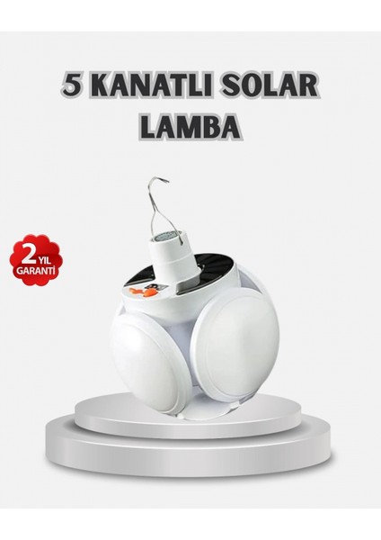 Güneş Enerjili ve USB Şarjlı LED Kamp Lambası – 5 Farklı Işık Modlu, Askılı Tasarım