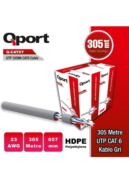 Qport Q-CAT6Y 305 mt Utp Pe Cat6 Network Kablo Grı 23AWG 0.57MM