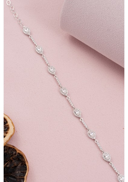 925 Ayar Gümüş Rodyumlu Zirkon Taşlı Sıralı Damla Bileklik