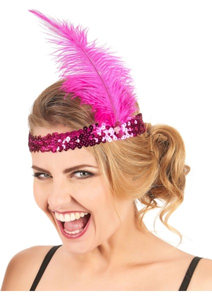 Ieg® Fuşya Renk Tüylü Çarliston Saç Bandı (4887)