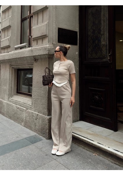 Düğme Yakalı Bej Alt Üst Takım S3943