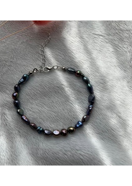 Gerçek Siyah Inci Çelik Aparatlı Bileklik