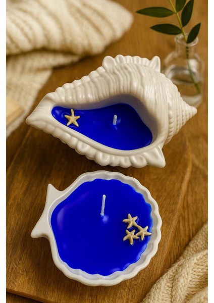 2’li Deniz Kabuğu Tasarımlı Kokulu Mum – Mavi Renk – Dekoratif Deniz Temalı Mum Seti