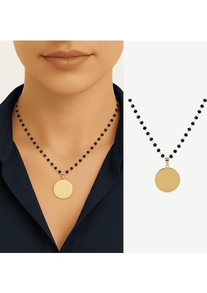 Kadın Çelik Kolye - Isme Özel Yazılı - Klasik Model - Siyah Zirkon Taşlı - Altın Renk fiyatları