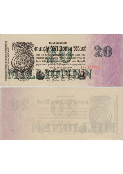 Almanya 20 Milyon Mark 1923 Weimar Cumhuriyeti Dönemi. Çil(-)