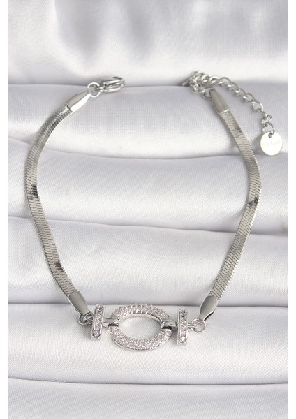 316L Çelik Gümüş Renk İtalyan Zincir Model Zirkon Taşlı Halka Figür Kadın Bileklik - TJ-BB6748