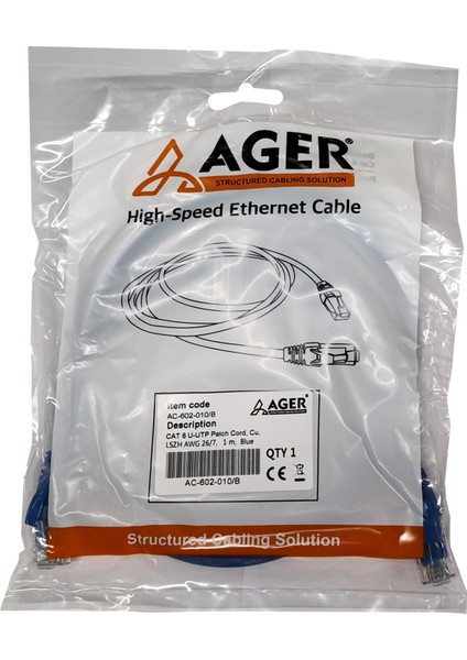 Ager AC-602-010 1mt Utp Cat6 Patch Kablo Mavi Cu, Lszh Awg 26/7 fiyatları