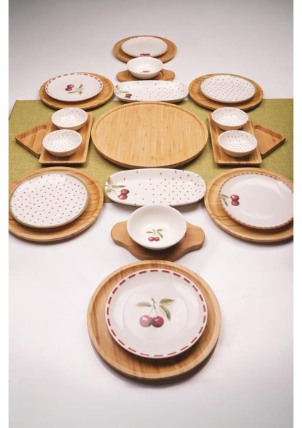 Eden 6 Kişilik 27 Parça Doğal Bambu Porselen Kahvaltı Takımı – Kahvaltı Seti Sunum Seti