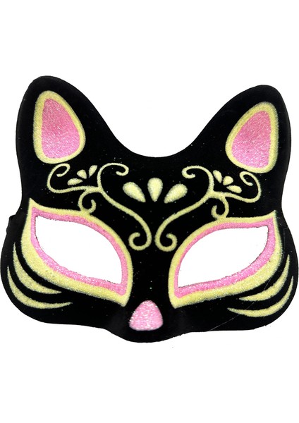 Ieg® Siyah Renk Süet Kaplama Üzeri Pembe Sarı Simli Kedi Maskesi 17X14 cm (4887)