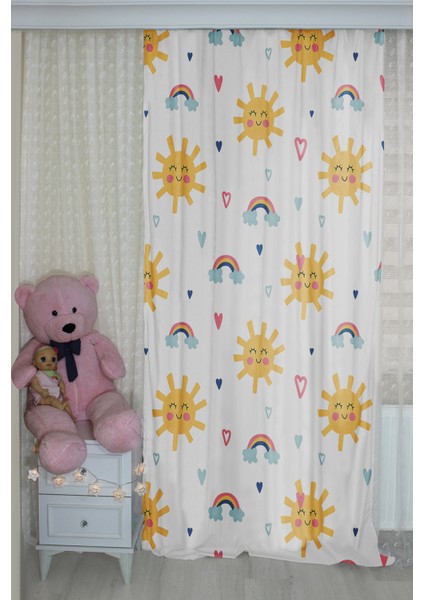 Güneş ve Kalpli Çift Kanatlı Çocuk Odası Perdesi