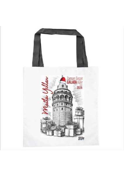 Zeepy Design Yılbaşı Konseptli Bez Omuz Çantası, Alışveriş Çantası, Yılbaşı Hediyesi, Kırmızı Saplı, Galata Kulesi, 2026