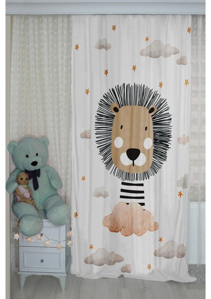 Sevimli Aslan Çift Kanatlı Çocuk Odası Fon Perde