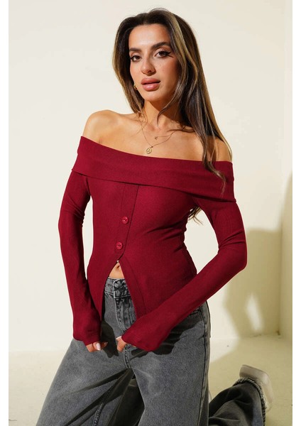 Lvsqvr Madonna Yaka Düğmeli Bluz Bordo T4329 (Beden: L)