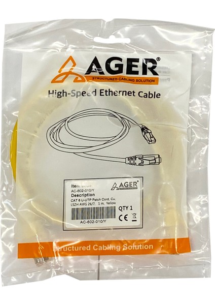 Ager AC-602-010 1mt Utp Cat6 Patch Kablo Sarı Cu, Lszh Awg 26/7 fiyatları