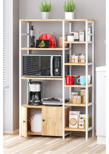 Çok Amaçlı Dolap Mutfak Standı 2 Kapaklı 8 Raflı Kahve Köşesi Mutfak Rafı Mutfak Bangosu Beyaz
