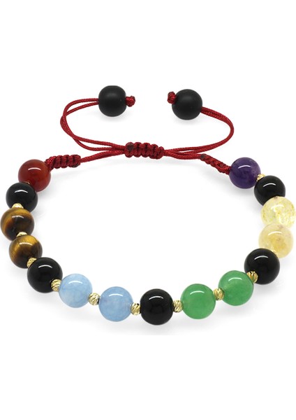 Makrome Örgülü Küre Kesim Dorika Top Süslemeli Çoklu Doğaltaş Kombinli Kadın Başarı Bilekliği