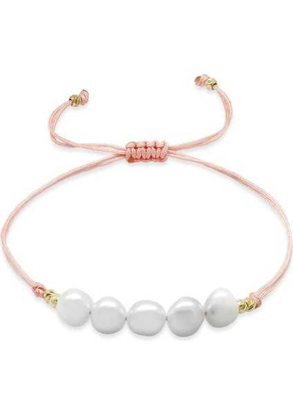 Makrome Örgülü Naturel Kesim Pembe Ipli Sarı Dorika Top Süslemeli Doğal Inci Kadın Bileklik