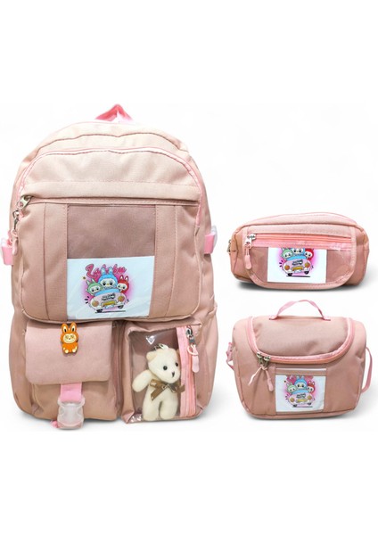 Kore Tarzı Beş Bölmeli Aksesuarlı Beslenmeli ve Kalemlikli 3 Lü Okul Çanta Seti